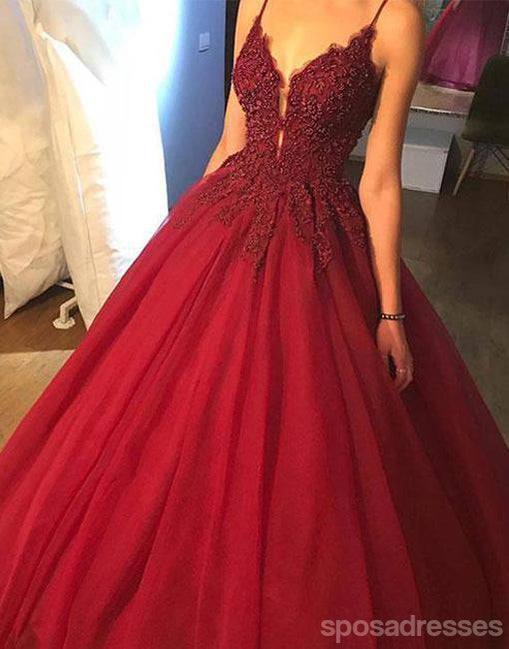 Dunkelrot Eine Linie Lace Beaded V Neckline Long Evening Prom Dresses, Lange Parteihigh-School-Ballkleider, 17274