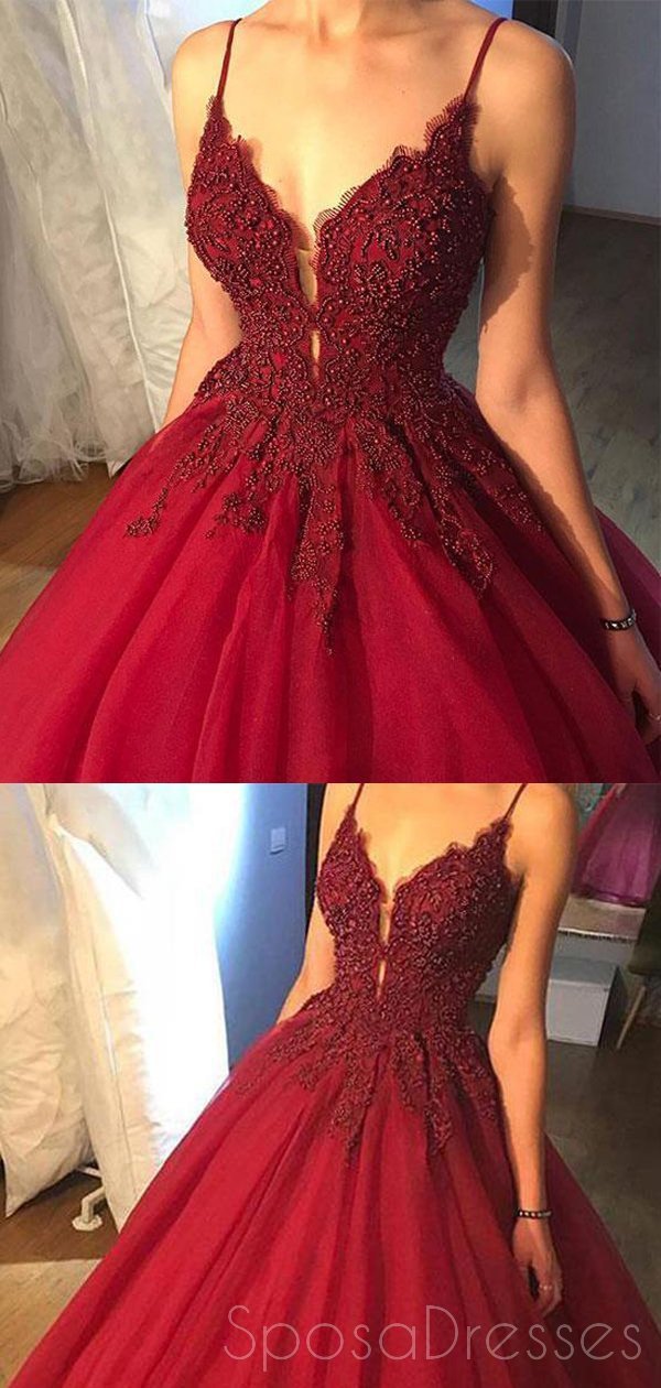 Dunkelrot Eine Linie Lace Beaded V Neckline Long Evening Prom Dresses, Lange Parteihigh-School-Ballkleider, 17274
