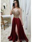 Σπαγγέτι ιμάντες Πλευρική σχισμή Χρυσή δαντέλα βραδινά φορέματα Prom, φθηνά προσαρμοσμένα γλυκά 16 φορέματα, 18481