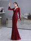 Burgundy Mermaid Long Sleeves V-neck Cheap Prom Dresses Online,12950