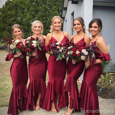 Halter Dark Red Mermaid High Low Cheap Bridesmaid Vestidos Online, WG683