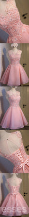 Pink See Through Lace Cute Homecoming Prom Dresses, Affordable Short Party Prom Dresses, Perfect Homecoming Dresses, CM308