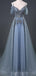 Correas espaguetis con encaje azul gris con cuentas Vestidos de fiesta largos y baratos por la noche, Vestidos de fiesta por la noche, 18642