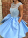 Espalda abierta manga azul casquillo corto corto vestidos de fiesta baratos en línea, cm564