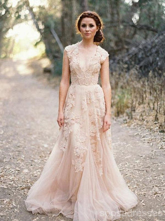 Charming Pink Lace Sexy V-neck Long Sheath Tulle Wedding Party Dresses, WD0139