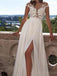 Langes A-Linien-Abendkleid aus weißer Spitze mit Applikationen, sexy Hochzeitsfeierkleid mit Seitenschlitz, WD0124