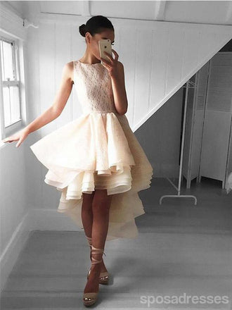 Champagne Lace Υψηλή Χαμηλή Δαντέλα Φτηνές Κοντές Φορέματα Homecoming Online, CM590