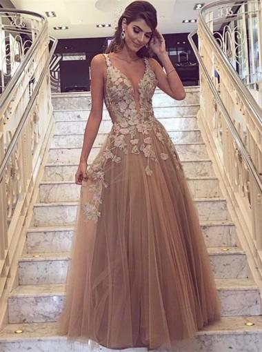 Sexy Backless Deep V Neckline Lace A line Lace Long Custom Evening Prom Dresses, 17407