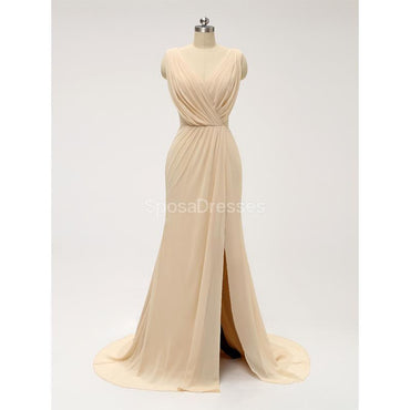 V Neck Side Slit Ruffle Chiffon Cheap Bridesmaid Vestidos Online, WG586