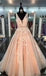 Lace Tulle A line Evening Prom Dresses, Sexy Deep V Neckline Party Prom Dresses, 17053