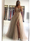 Champagne A-line Spaghetti Straps High Slit Cheap Long Prom Dresses Online,12875