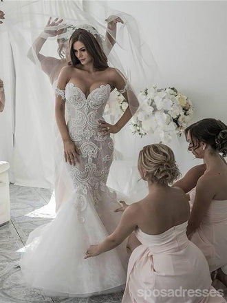Vestidos de novia de sirena de encaje sin espalda sin hombros sexy en línea, WD420