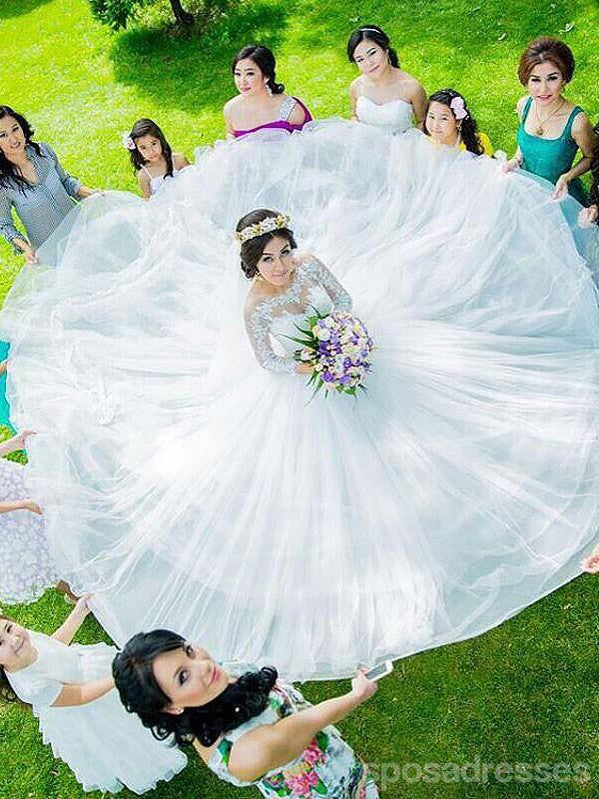 Vestidos de novia de manga larga de encaje baratos de una línea populares en línea, WD425