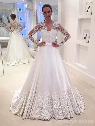 Veja através do laço mangas compridas A linha de vestidos on-line, vestidos de noiva baratos do laço, WD451