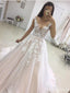 Ver a través de mangas de la gorra alinean trajes de novia vestidos de la boda del champán en línea, baratos, WD454