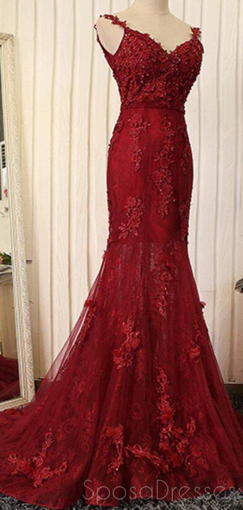 Κόκκινη δαντέλα γοργόνα V-λαιμό Φτηνές Μακρύ Βράδυ Prom Φορέματα, Βραδινό Κόμμα Prom Φορέματα, 18643