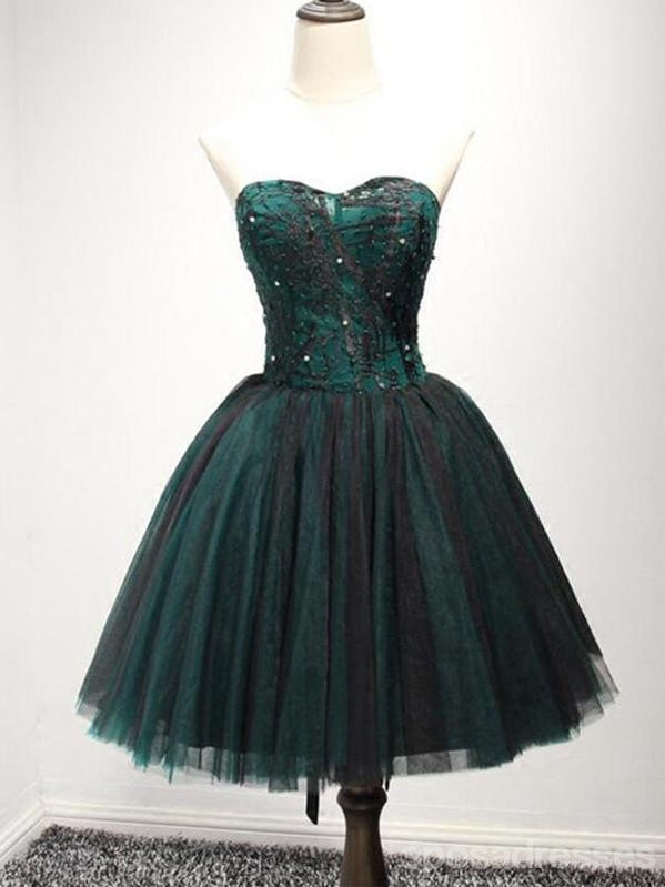 Strapless Dark Green Black Lace Tulle Homecoming Prom Dresses, CM237