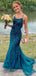 Teal Mermaid Spaghetti Straps Backless Cheap Long Prom Dresses,12849