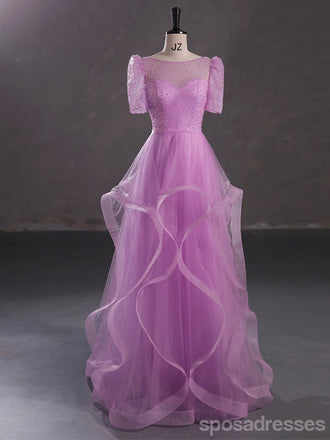 Purple A-line Short Sleeves Jewel Cheap Long Prom Dresses Online,12984