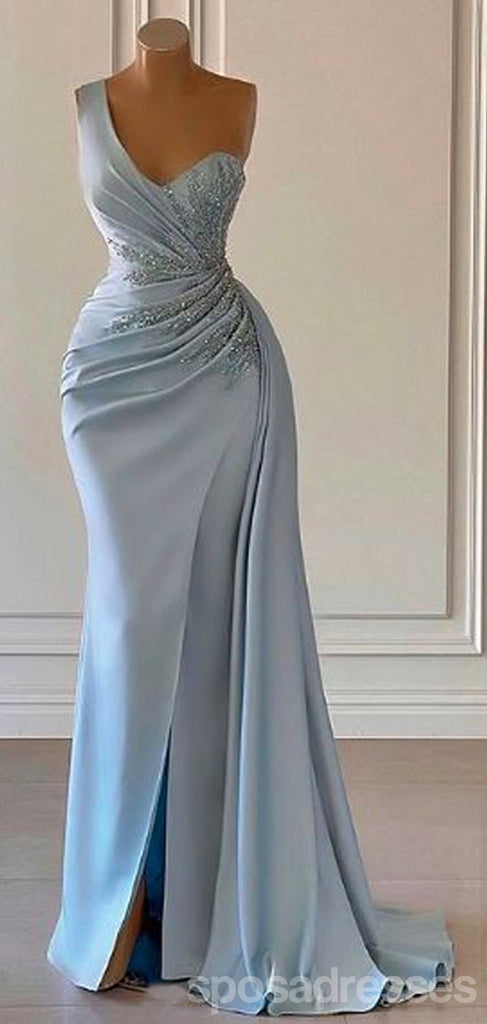 Sexy Blue Mermaid One Shoulder High Slit Cheap Long Prom Dresses,13020