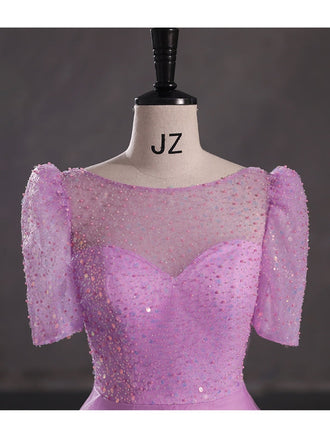 Purple A-line Short Sleeves Jewel Cheap Long Prom Dresses Online,12984