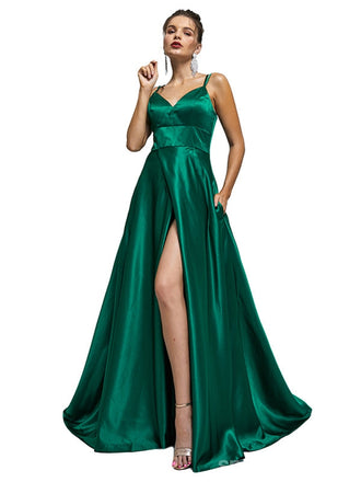 Green A-line Spaghetti Straps Side Slit Cheap Long Prom Dresses,12985