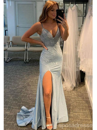 Sexy Blue Mermaid Spaghetti Straps V-neck High Slit Long Prom Dresses,13087