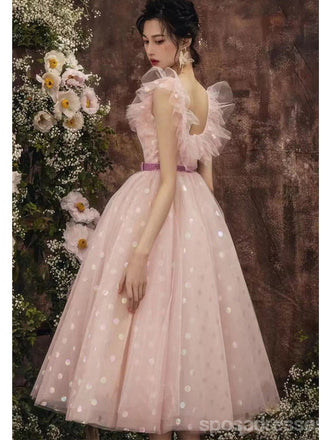 V Neck Dusty Pink Tulle Beaded Κοντά Homecoming Φορέματα Online, Φθηνά Κοντά Φορέματα Prom, CM845