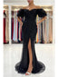 Black Mermaid Off Shoulder High Slit Cheap Long Prom Dresses,12942