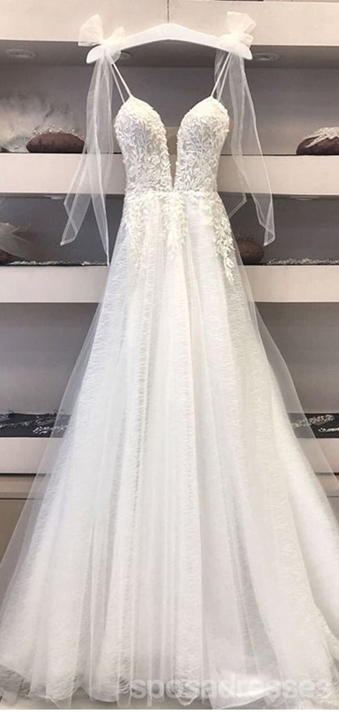 Off White A-line Spaghetti Straps V-neck Handmade Lace Wedding Dresses,WD790