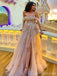 Gorgeous Pink A-line Off Shoulder Side Slit Maxi Long Prom Dresses,13251