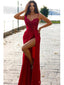 Burgundy Spaghetti Straps High Slit Cheap Long Prom Dresses Online,12921
