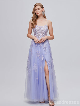 Purple A-line Spaghetti Straps Side Slit Cheap Long Prom Dresses,12987