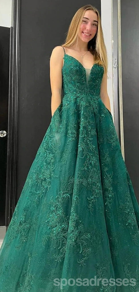 Emerald Green A-line Spaghetti Straps V-neck Cheap Long Prom Dresses,12857