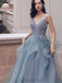 Dusty Μπλε V Λαιμός Σπαγγέτι Ιμάντες Δαντέλα Χάντρες Φτηνές Βραδινά Φορέματα Prom, Βραδινό Κόμμα Prom Φορέματα, 12170