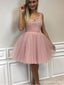 Dusty Pink V Neck Lace Φτηνά Κοντά Φορέματα Homecoming Online, CM594