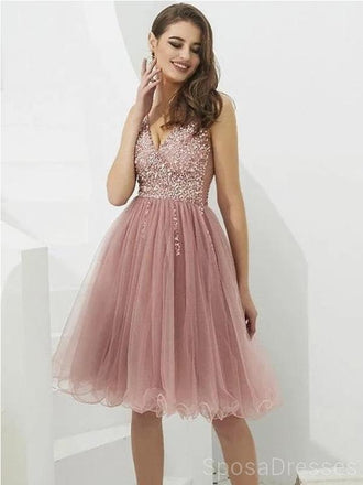 V Neck Dusty Pink Tulle Beaded Κοντά Homecoming Φορέματα Online, Φθηνά Κοντά Φορέματα Prom, CM845