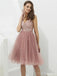 V Neck Dusty Pink Tulle Beaded Short Homecoming Dresses Online, Robes de bal courtes pas chères, CM845