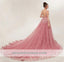 Siehe durch staubige Rosa Spitze A-Line Long Evening Prom Dresses, Billig Süße 16 Dresses, 18354