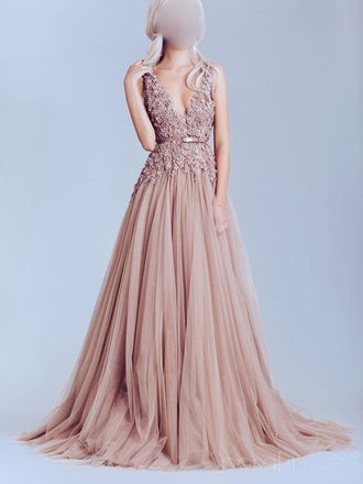 Deep V Neckline Lace prom Dresses, Dusty pink prom Dress, A line Evening Prom Dresses, 17009