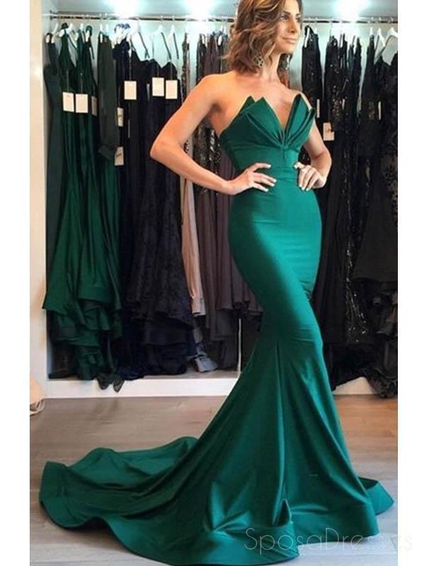 Emerald Green Mermaid Simple Cheap Formal Prom Dresses, 17068