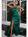 Emerald Green Mermaid One Shoulder High Slit Cheap Long Prom Dresses,12854