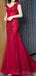 Mangas casquillo sirena de encaje rojo con cuentas vestidos de fiesta largos de noche baratos, vestidos de fiesta de noche, 18644