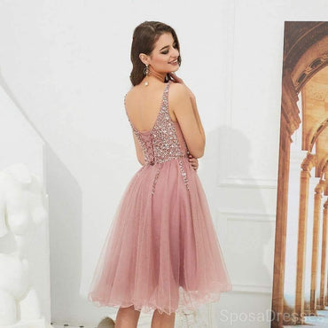V Neck Dusty Pink Tulle Beaded Κοντά Homecoming Φορέματα Online, Φθηνά Κοντά Φορέματα Prom, CM845