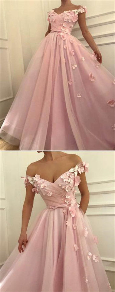 Cute Floral Pink A-line Off Shoulder Cheap Long Prom Dresses Online,12683