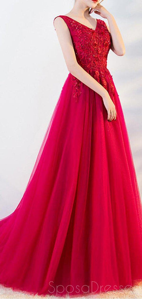 Vestidos de fiesta de noche largos baratos de encaje con cuello en V rojo brillante, vestidos de fiesta de noche, 18647
