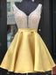 Gold V-Ausschnitt Perlen kurze Homecoming Kleider Online, billige kurze Ballkleider, CM838