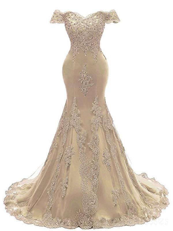 Off Shoulder Gold Lace Mermaid Long Evening Prom Dresses, 17671