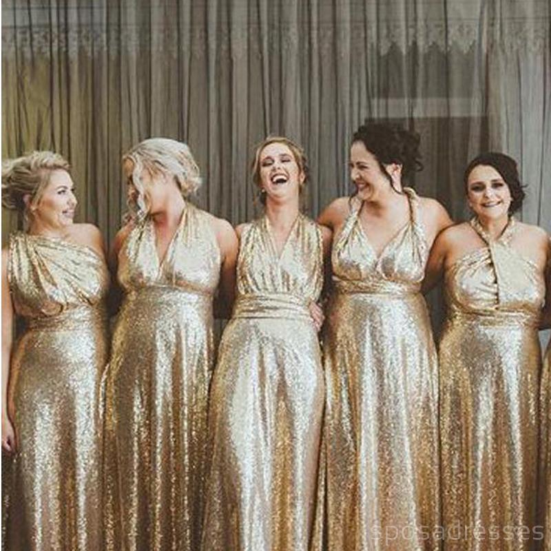 Vestidos de dama de honor largos baratos con lentejuelas doradas en línea, WG573
