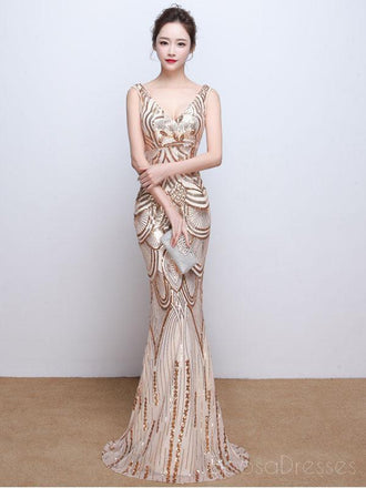 Vestidos de fiesta largos de noche de sirena de lentejuelas doradas con cuello en V, vestidos de encargo baratos de Sweet 16, 18517